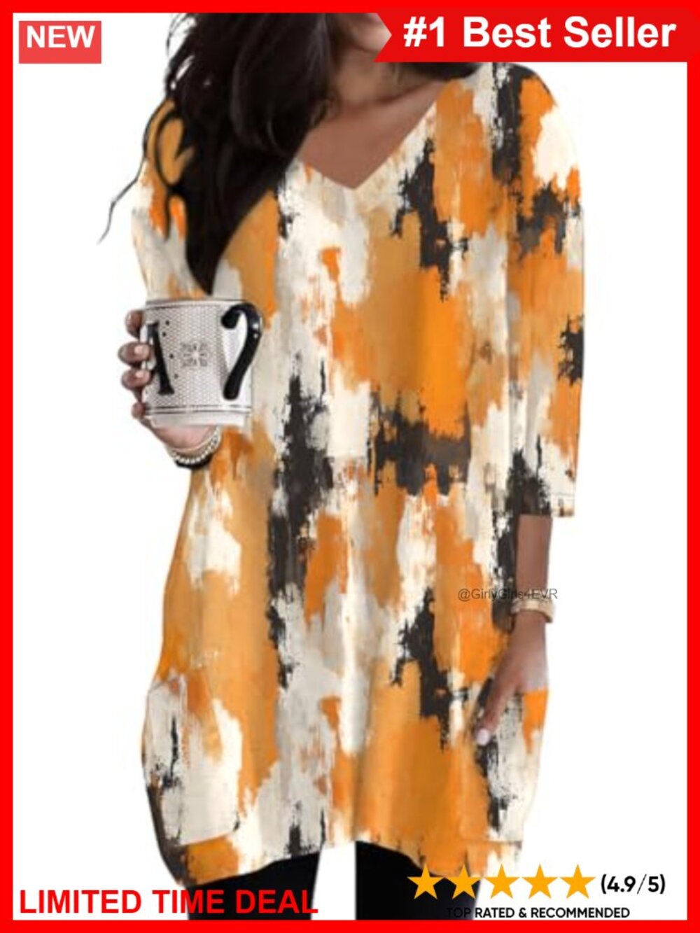 3/4 Sleeve Tunic Top with Pockets Loose Fit V-Neck Blouse for Leggings
